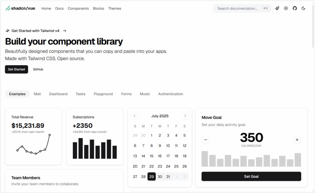 landing page de shadcn/tailwind, montrant une librairie de composants d'interface (ui) déjà faits