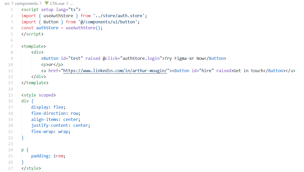 The image contains a code sample, where the file is divided in three section. The script section contains 3 lines. The template section contains 5 lines. The style section contains 11 lines.