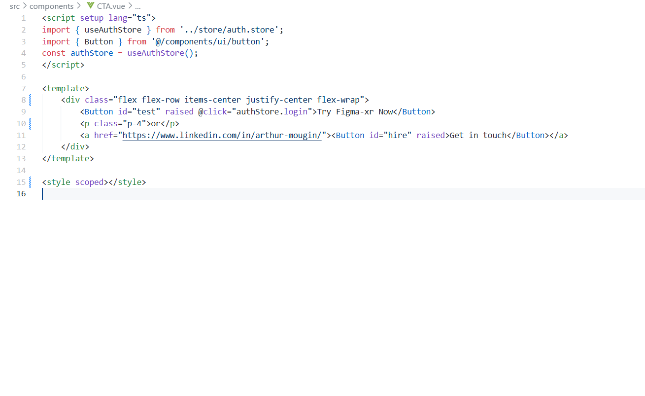 L'image contient un exemple de code, où le fichier est divisé en trois sections. La section script contient 3 lignes. La section modèle contient encore 5 lignes, mais elle est nettement plus dense en informations. La section style n'est d'une balise vide.