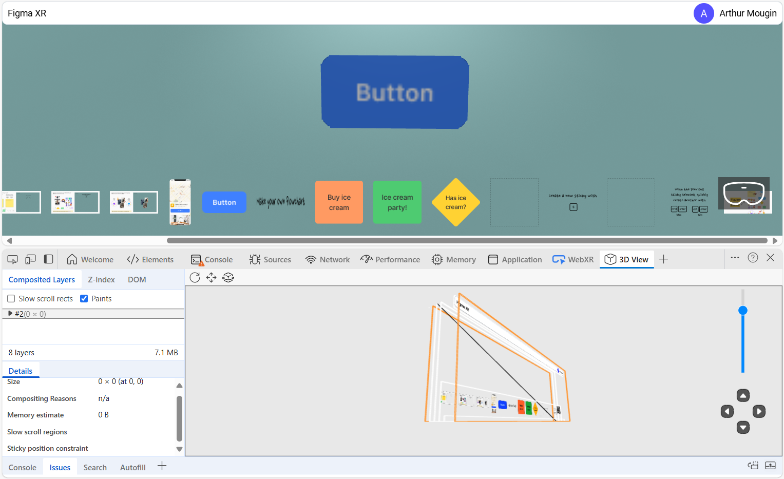 Inspection vue éclatée en 3D de l'application figma-xr ouverte sur un projet. Cette vue affiche l'arborescence html et l'on y voit clairement la sélection d'image. Mais l'on ne voit pas ce qui se passe dans le canevas html, aka la scène babylonjs.
