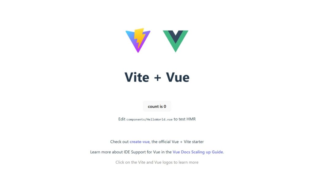 Page initiale d'un projet TypeScript, vue et vite. On y voit le logo de vite et vue, ainsi qu'un compteur qui s'incrémente au click.