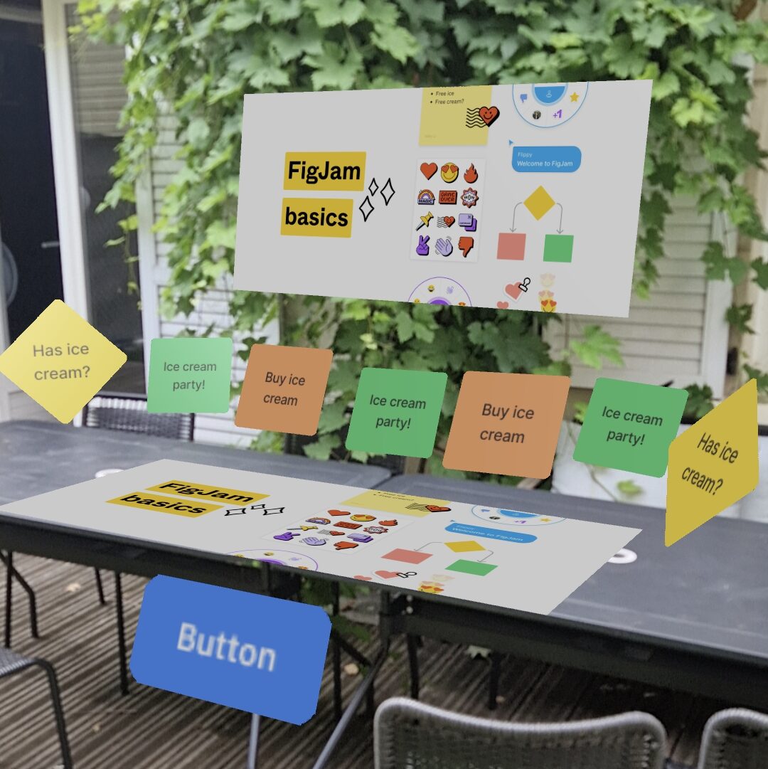 Photo d'un salon de jardin, ou sont ajouté virtuellement des images venant d'un projet figma riche en couleurs